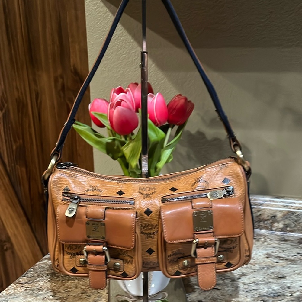 MCM Vintage Visetos Shoulder Bag Tan Brown leather Navy blue pockets logo print - Picture 1 of 13